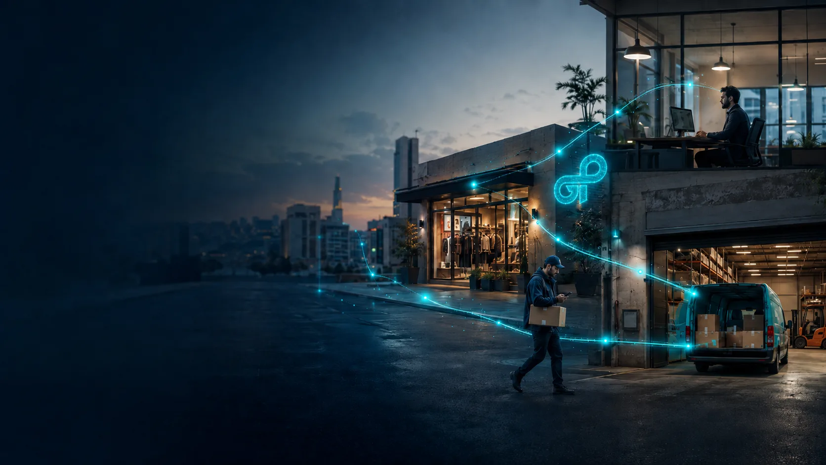 A connected Amman business ecosystem — shops, couriers and offices linked by glowing teal data-lines representing money moving between them